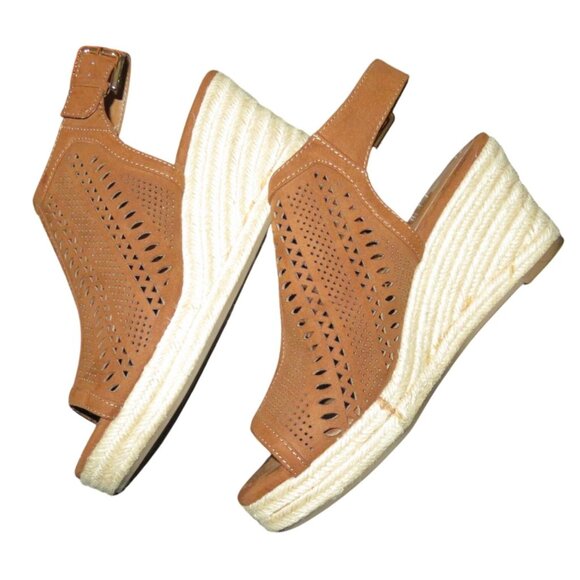 Liz Claiborne Brown Espadrille Leather Lazer Cut Platform Comfort Wedge Sandal 8 - Picture 7 of 11